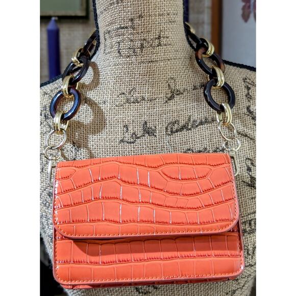 ASOS Pumpkin Faux Croc Tortoise Ring Chain Link Strap Shoulder Bag - Picture 7 of 8